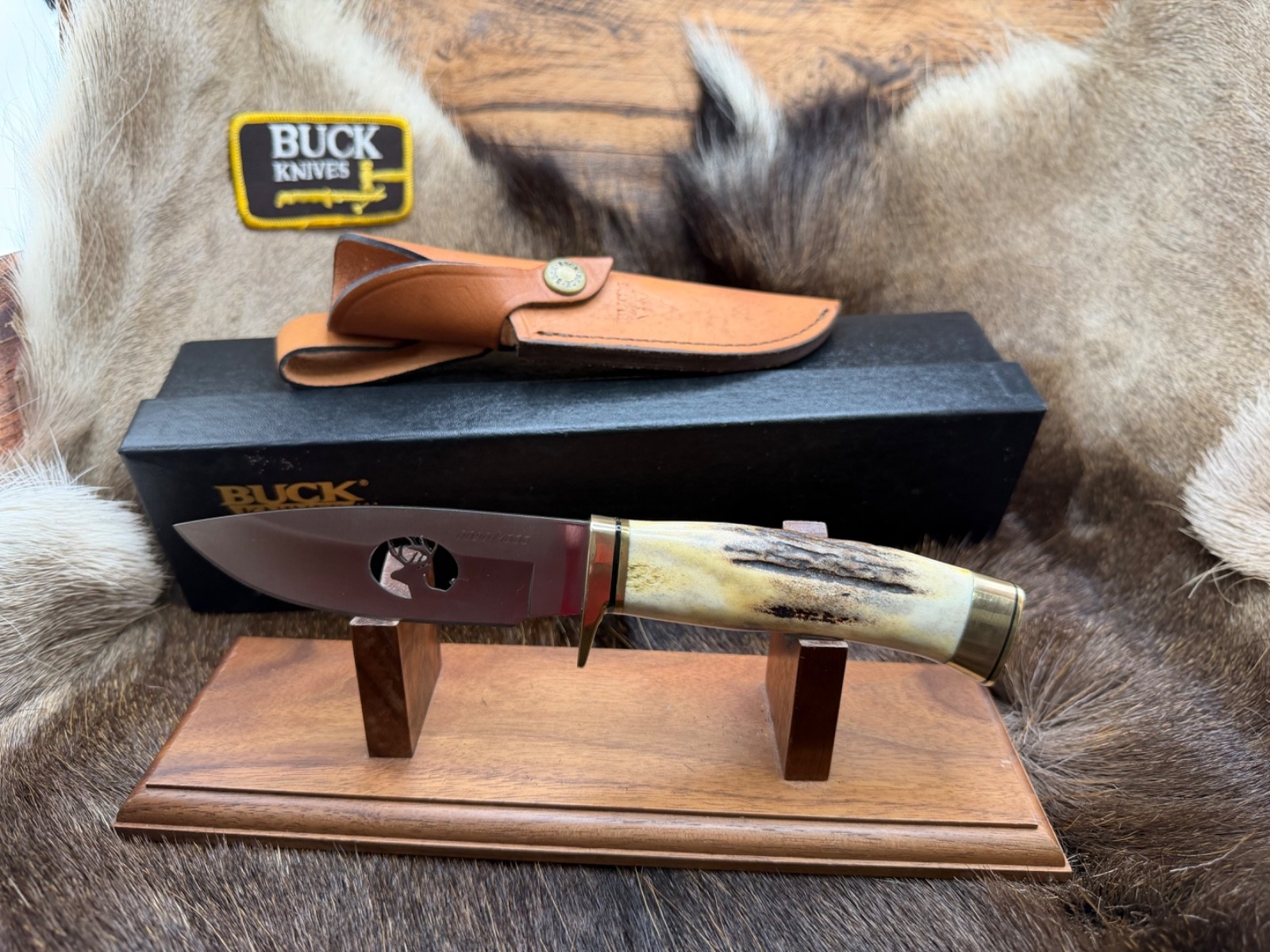 1990's Buck 192 Vanguard Limited Custom Elk Stag Cutout With Leather Sheath Mint
