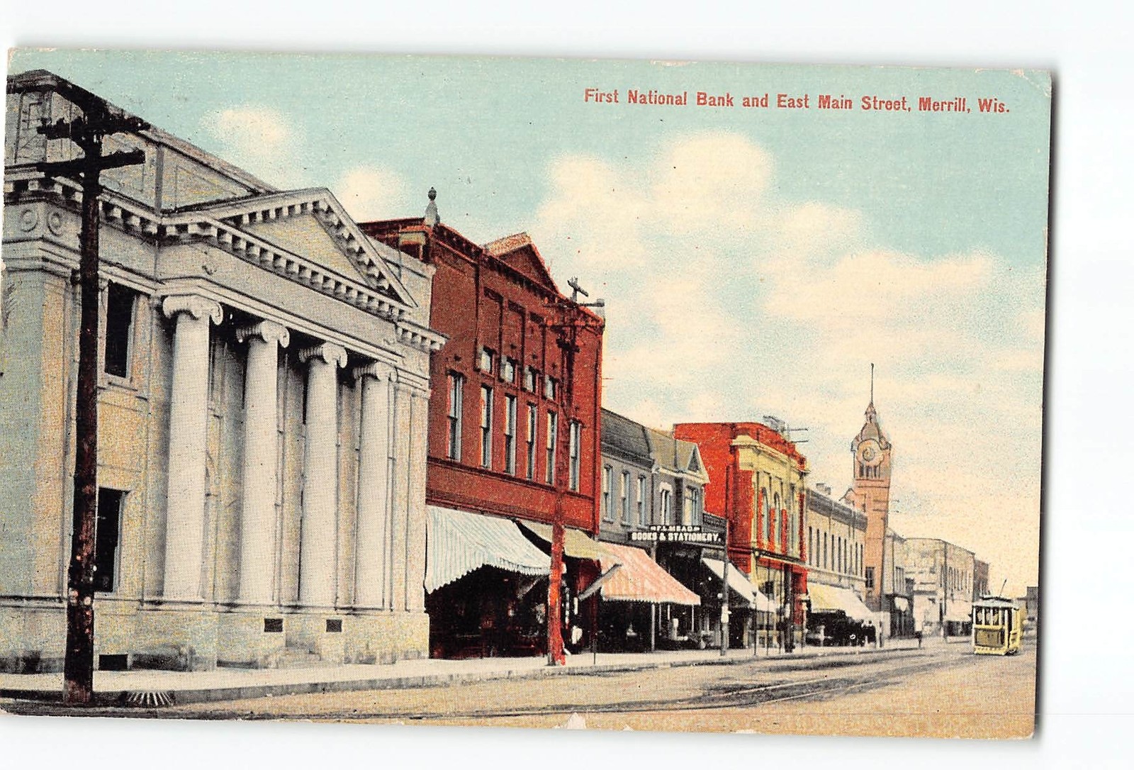 Merrill Wisconsin WI Postcard 1907-1915 First National Bank And East Main Street