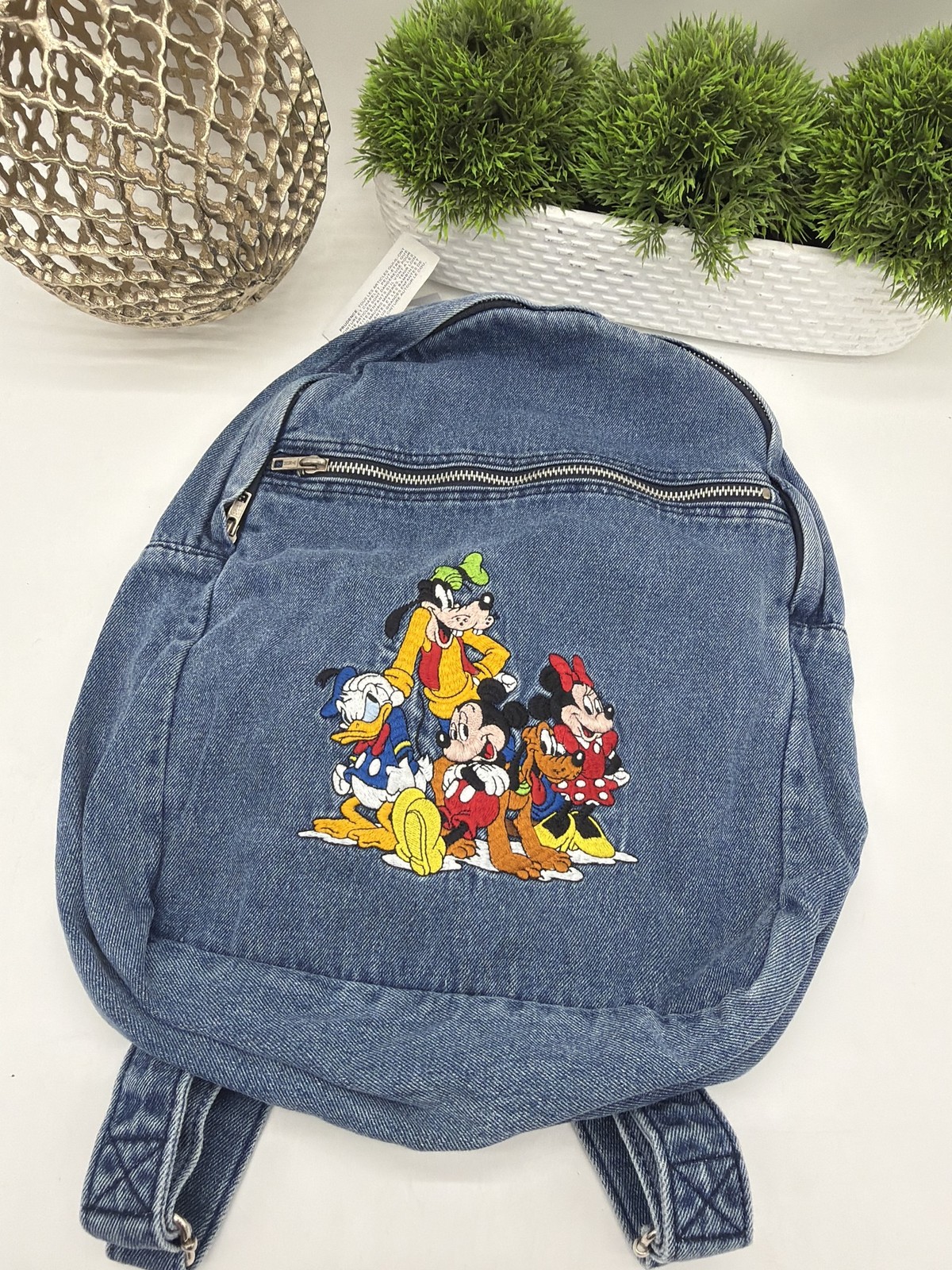 Vintage Disney Store Denim Backpack Embroidered Mickey Minnie Donald Goofy Pluto