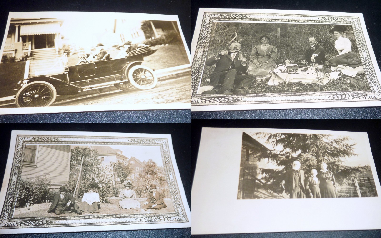 Antique RPPC Lot 4 Real Photo Postcards Early Automobile People Picnic AZO 1900s