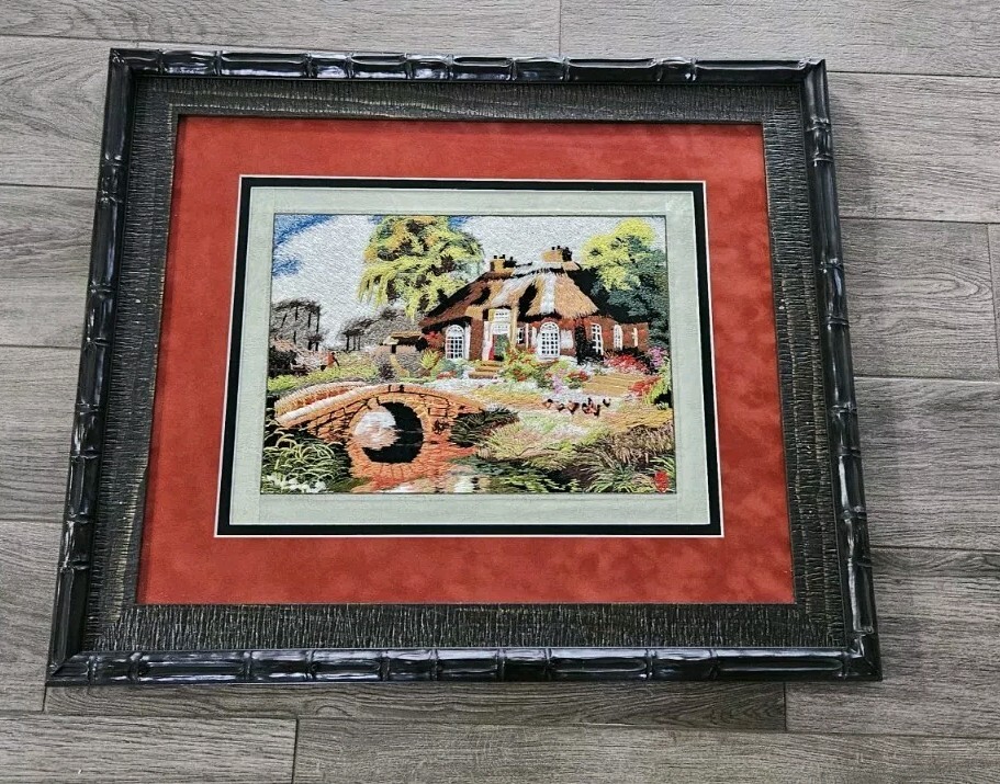 Amazing Vintage Framed Asian Silk Embroidery Silk String Art Landscape Signed 