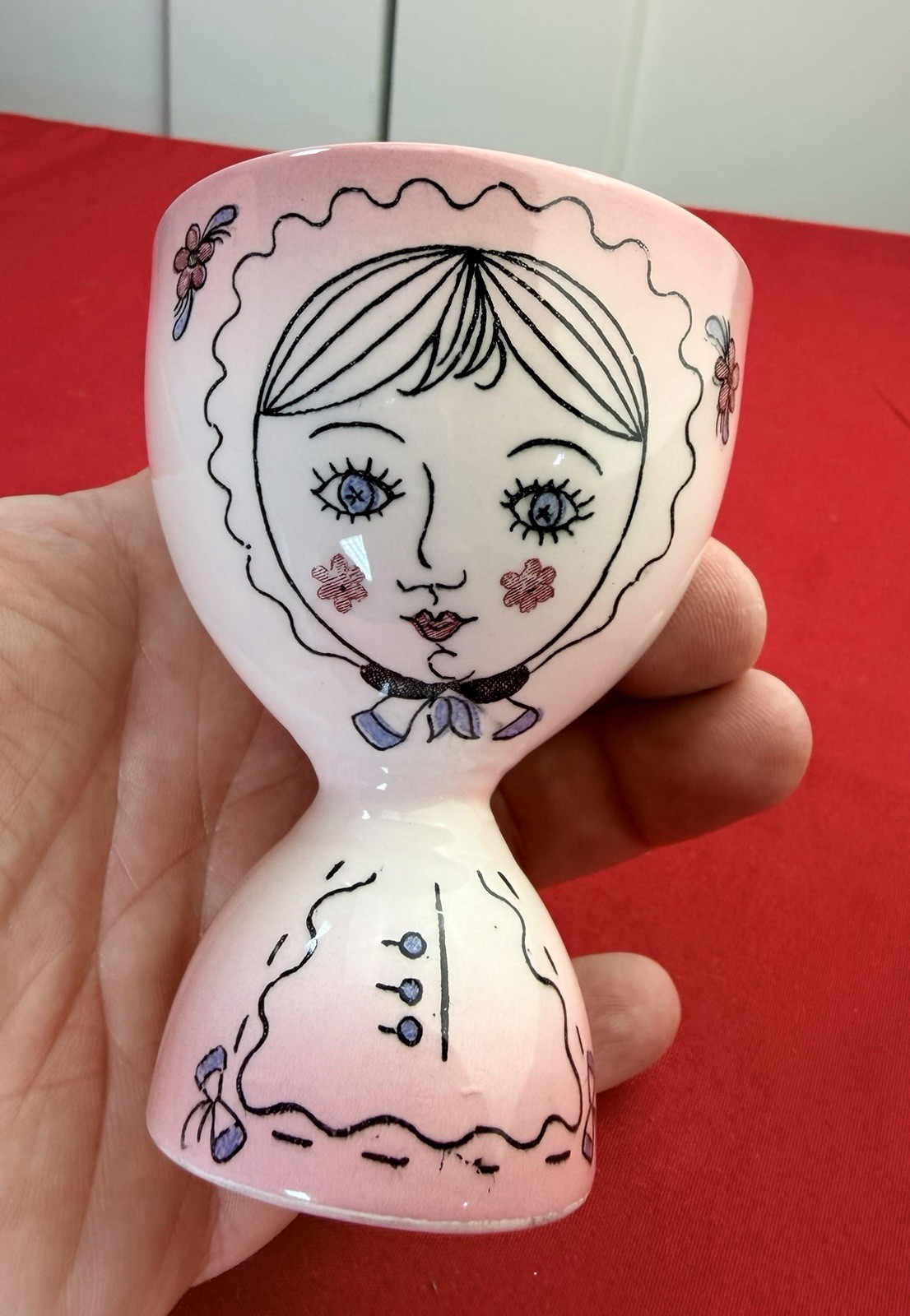 Vtg Anthropomorphic Double Egg Cup Pink Bonnet Girl Lady Face Ceramic Japan MCM