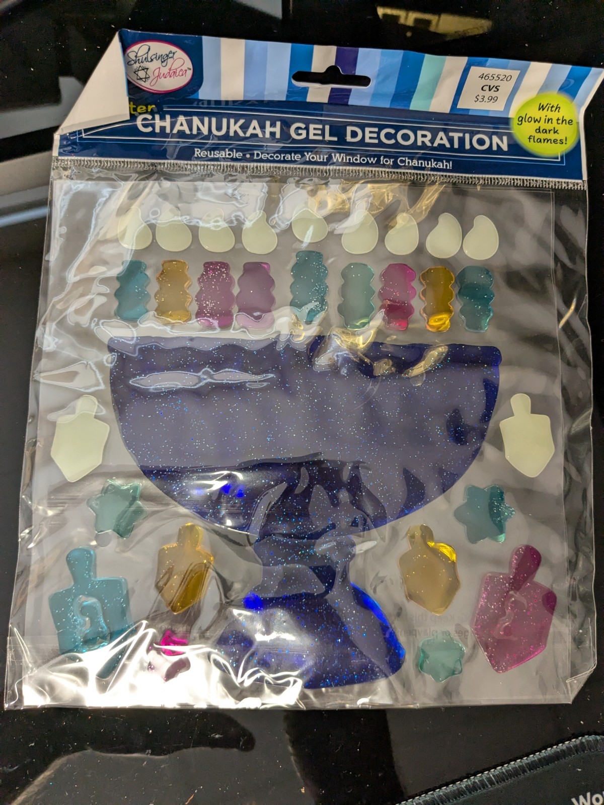 Chanukah Gel Window Decorations - Menorah with Glow in the Dark Flames