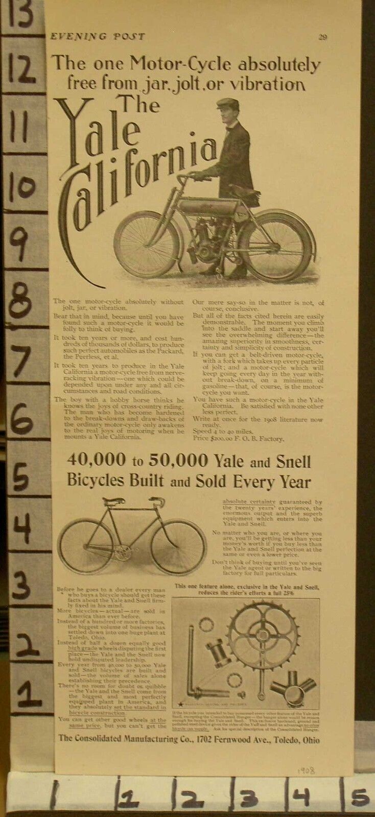 1908 YALE CALIFORNIA MOTOR CYCLE BIKE TOLEDO OHIO SPORT ENGINE  2319123191