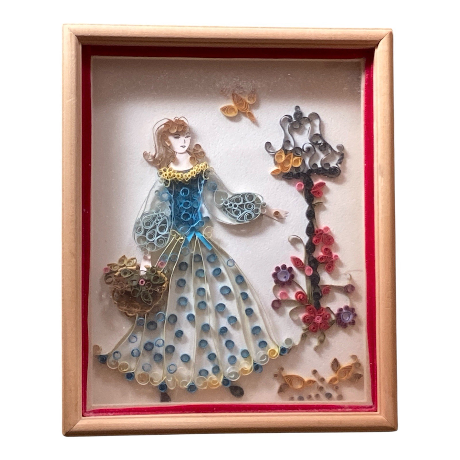 Vintage Paper Quilling Art Victorian Lady Flowers Butterflies Framed Shadow Box