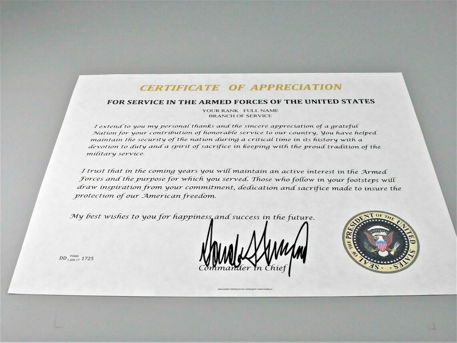 Certificate of Appreciation President Donald J. Trump Replacement certificate 