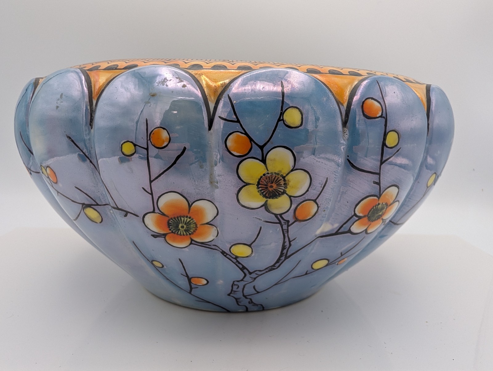 Antique Takito Lusterware Bowl Cherry Blossom Blue Gold 10\