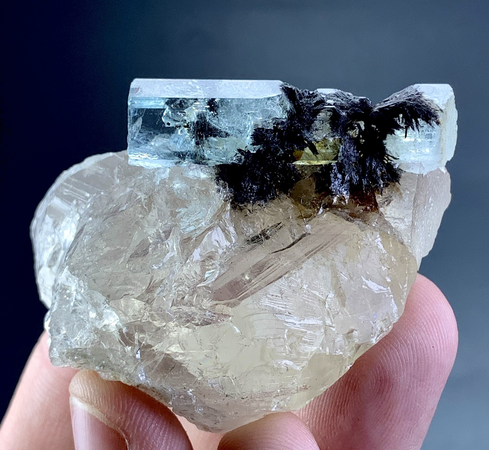 Rare Aquamarine Crystal With Columbite On Quartz Specimen From Skardu Pakistan
