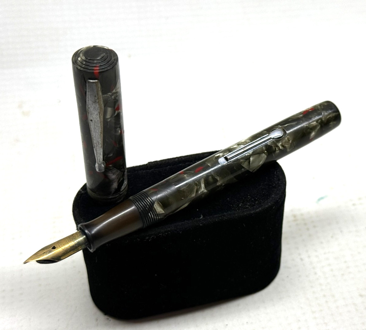 Vintage Waterman Ideal 94 Gold Nib Fountain Pen Gray & Red Marbled BEAUTIFUL