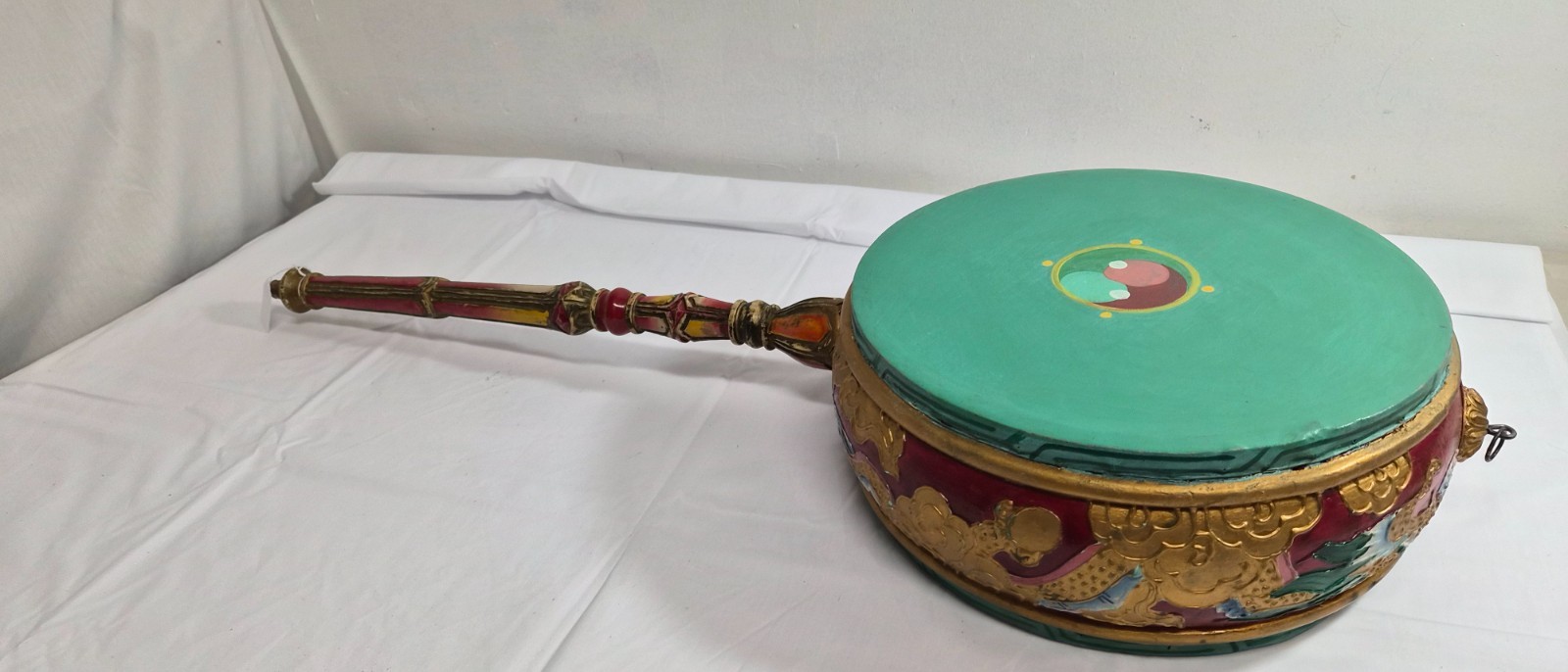 Vintage handmade Tibetan ritual Dakini/Dhyangro 12 inch diameter drum