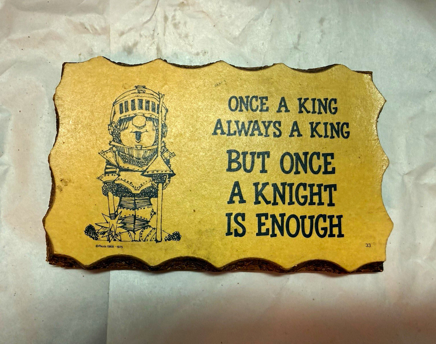 Vtg 1970s Paula\'s Wooden Postcard Motto Plaque Once A Knight Is Enough Unposted