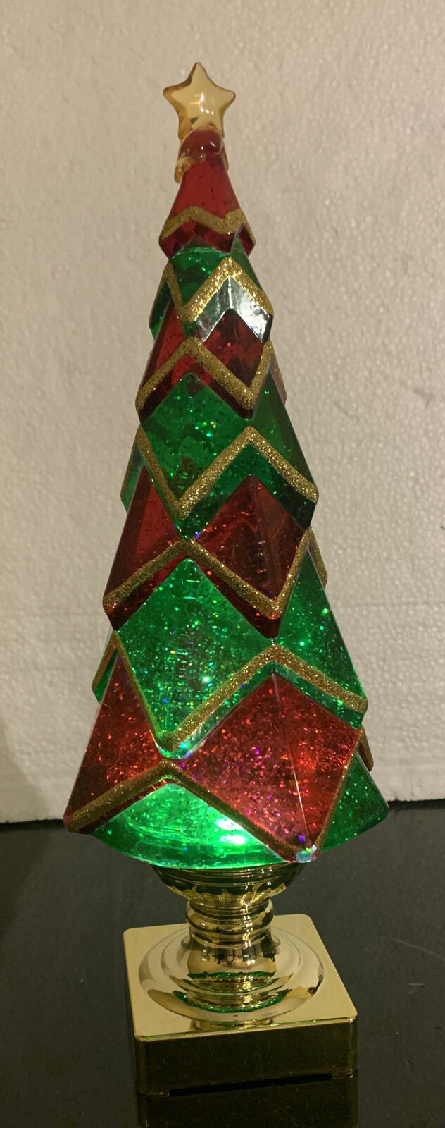 Sparkle Green & Red  Holiday Tree Lighted 13.75 Inch Acrylic