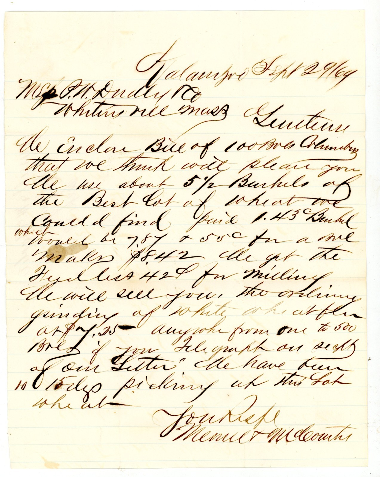 1869 Kalamazoo MI Wheat Shipment Letter from Merrill & McCounth to P.W. Dudley &