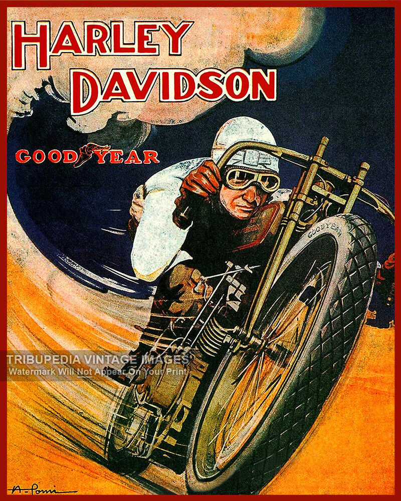Vintage 1920s Harley Davidson GoodYear Classic Motorcycle Racing Poster Colorful