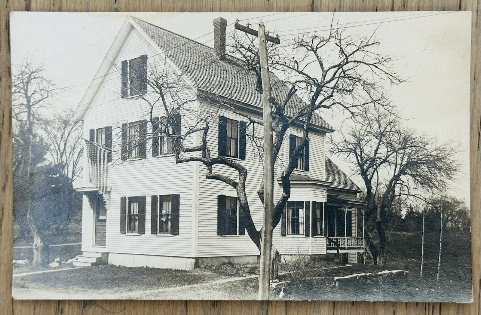 VTG 1917 RPPC White Clapboard House Home American Flag AZO Real Photo UNPOSTED