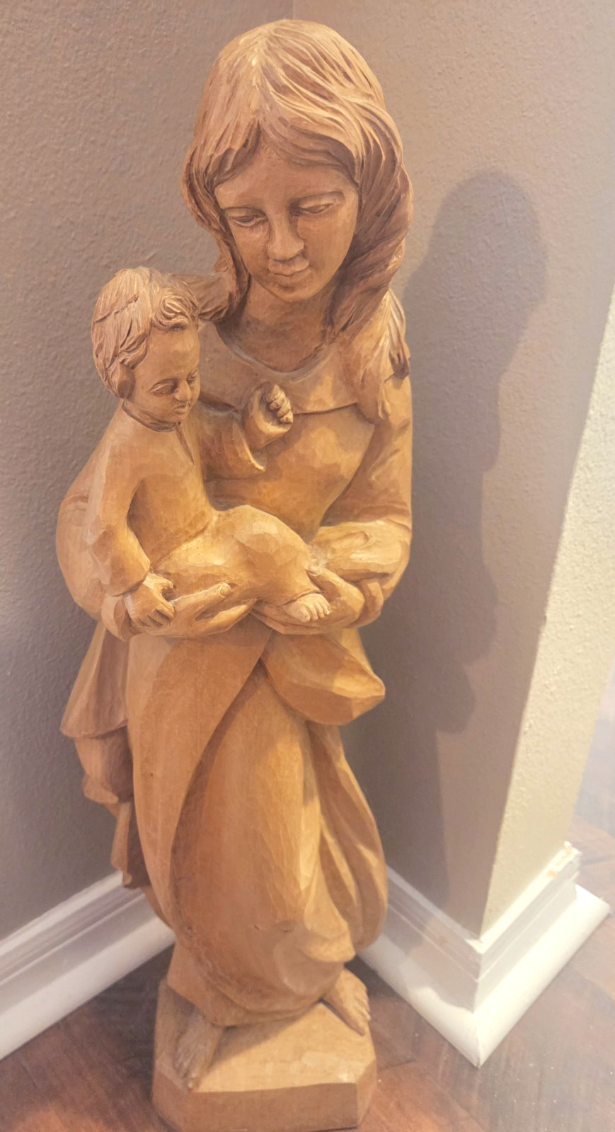 Vintage German Hand Carved Wood Christian Virgin Mary with Child Statue - 24 in.