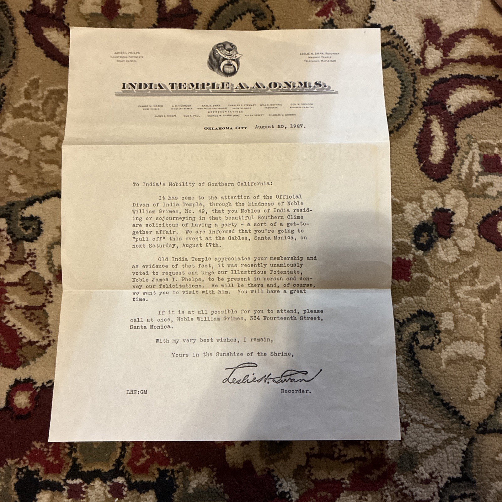1927 India Temple Shriners A.A.O.N.M.S  invitation letter Ok & CA 