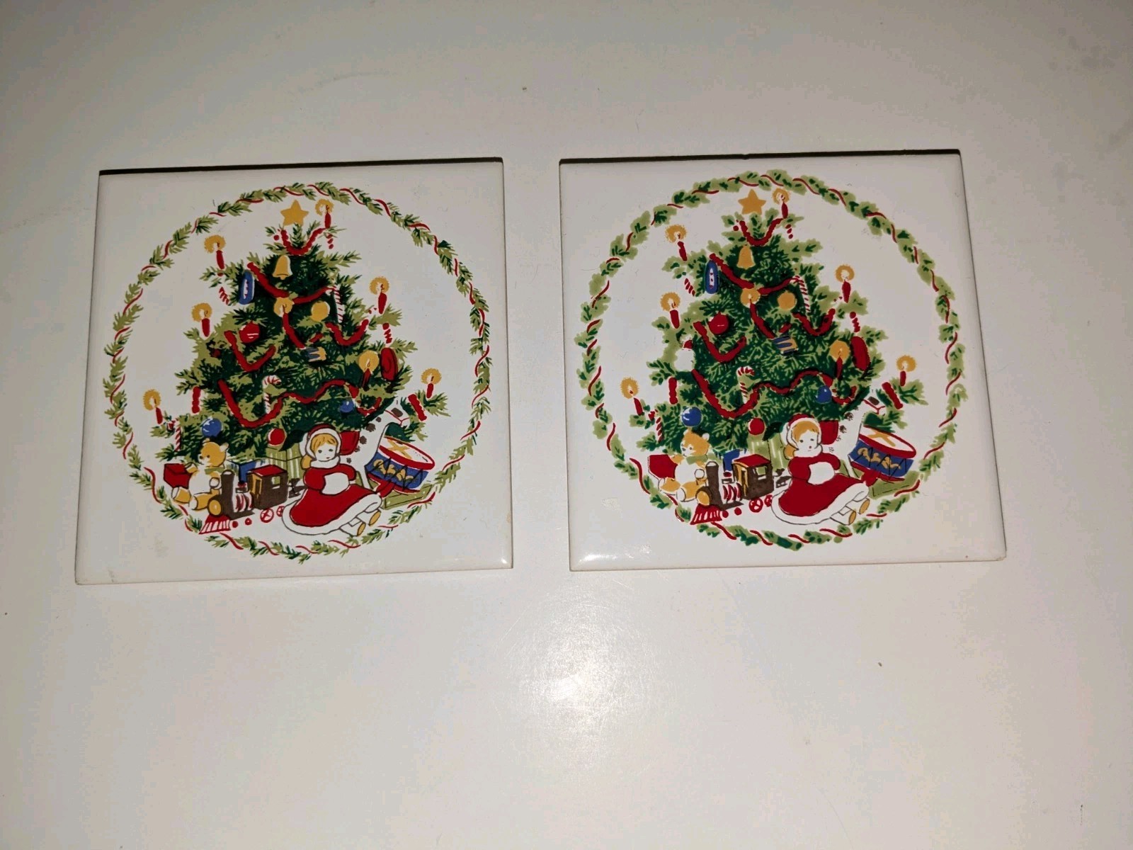 Lot 2 Vtg 1981 Jasco Holiday Christmas Ceramic Tile Trivet Coaster Tree & Toys
