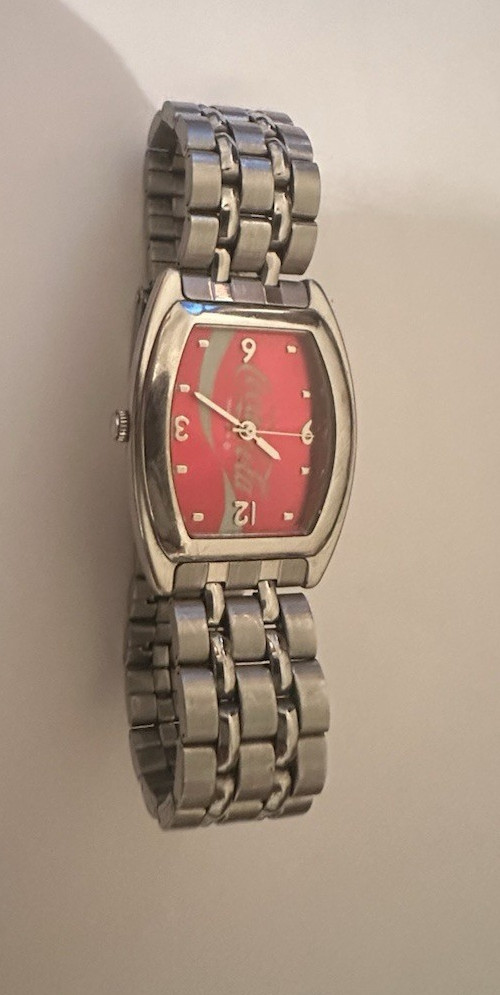 Coca-Cola Stainless Watch Red Face Metallic Gloss Logo Working VTG Japan Motion