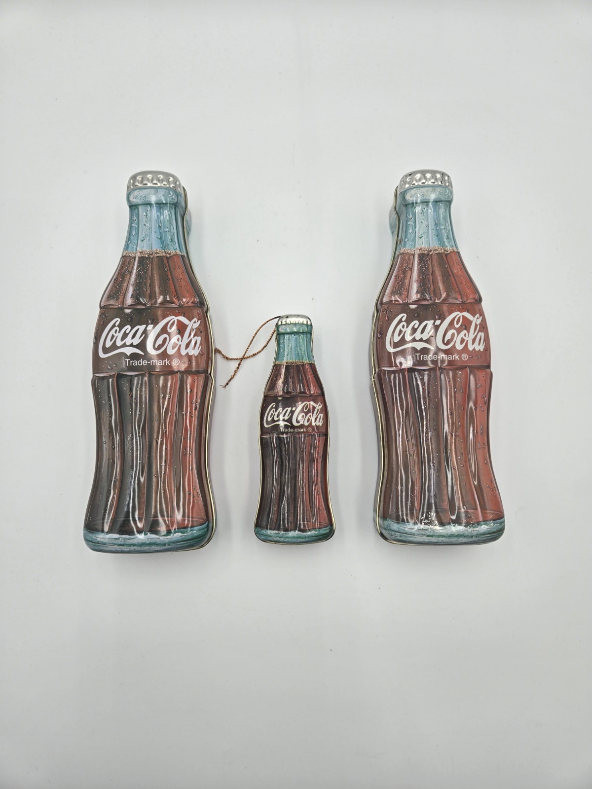 Vintage Coca-Cola Bottle Shaped Tin Containers Lot of 3 Holiday Ornament (A2)