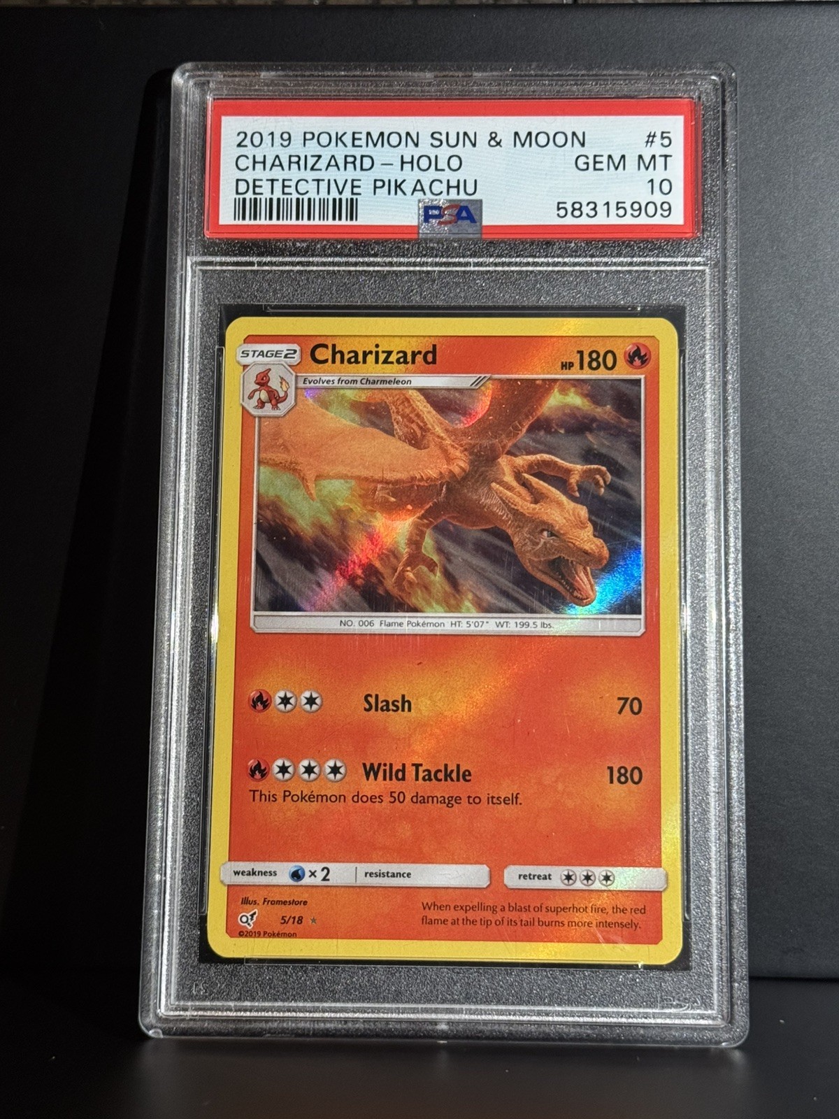 2019 POKEMON CHARIZARD-HOLO SUN & MOON DETECTIVE PIKACHU #5 PSA 10