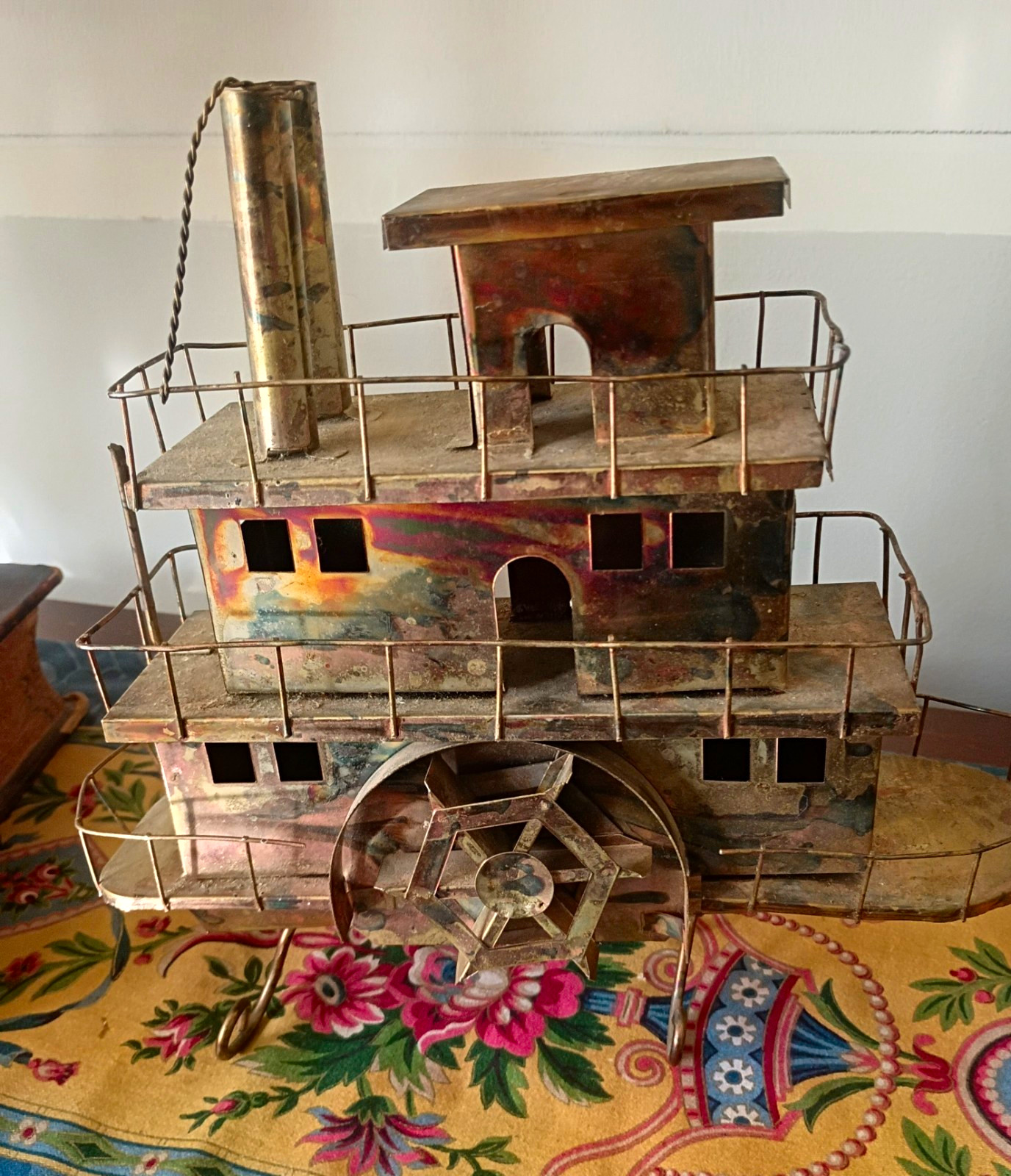 Vintage 1960s Sanckyo Tin Steamboat Music Box From Asia.  Plays \