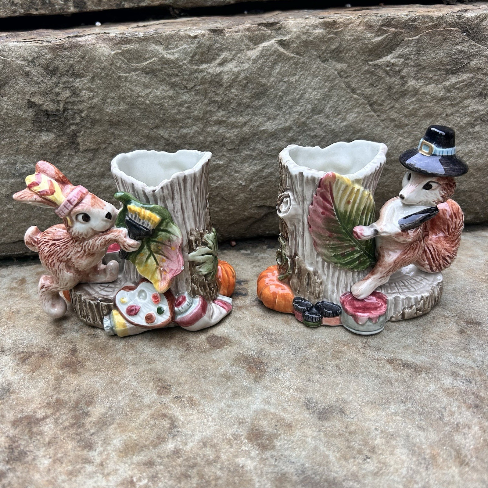 VTG 1995 Fitz & Floyd Paint Party  Candle Holders Pair Bunny Fox Thanksgiving