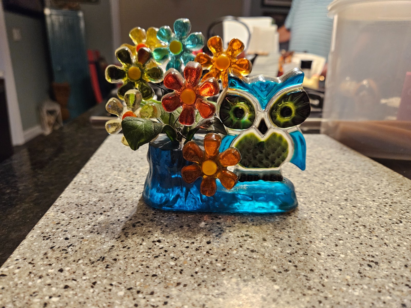 1970's Lucite Owl Figurine Flower Bouquet Sculpture Resin MCM Groovy Kitschy