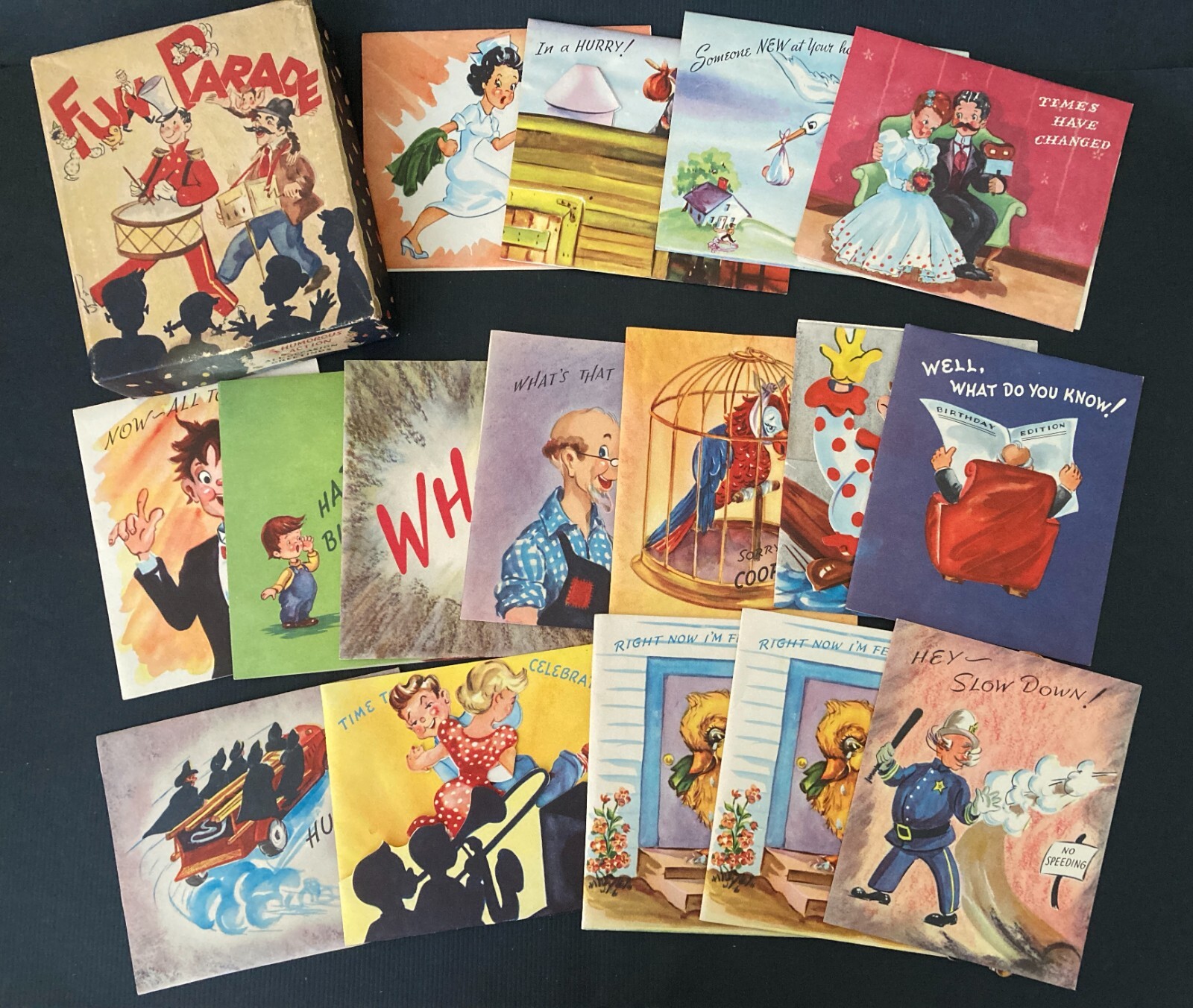 Vintage Fun Parade Complete Set 16 Greeting Cards w/Box Humor 3D Movable Pop Out