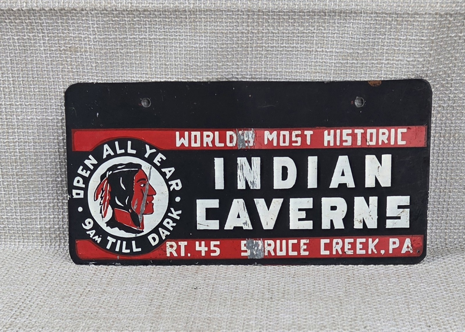 VTG Rare Painted Indian Caverns Metal Advertising Vanity Plate Spruce Creek, PA