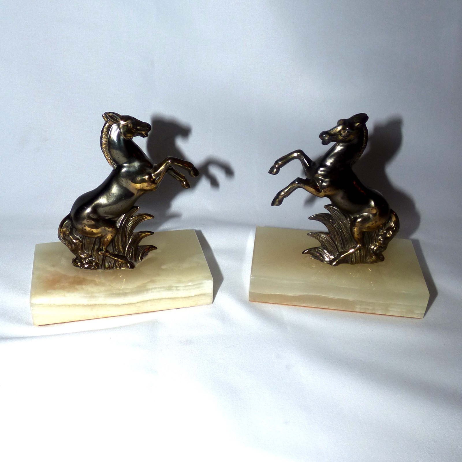 Vintage Art Deco Rearing Horse Bookends Pair Onyx Marble Spelter