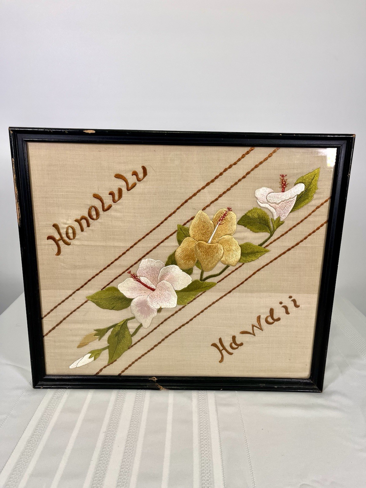 VTG 50s Honolulu Hawaii Embroidered Hibiscus Framed Mid Century Island MCM Art