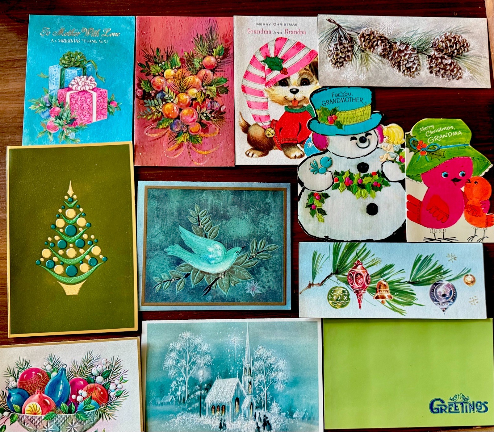 Lot of 12 Vintage MCM Holiday/Christmas Cards 1950s/1970s USED Mod Groovy