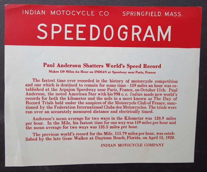 VINTAGE INDIAN MOTOCYCLE SPEEDOGRAM MOTORCYCLE WORLDS SPEED RECORD 1920s 159 mph