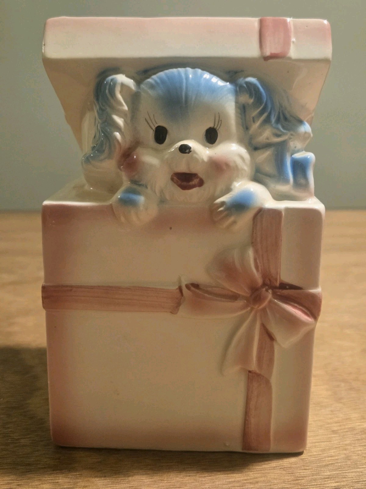 Vintage 50\'s Napco Puppy Popping Out Of Gift Box Ceramic Planter Nursery Series