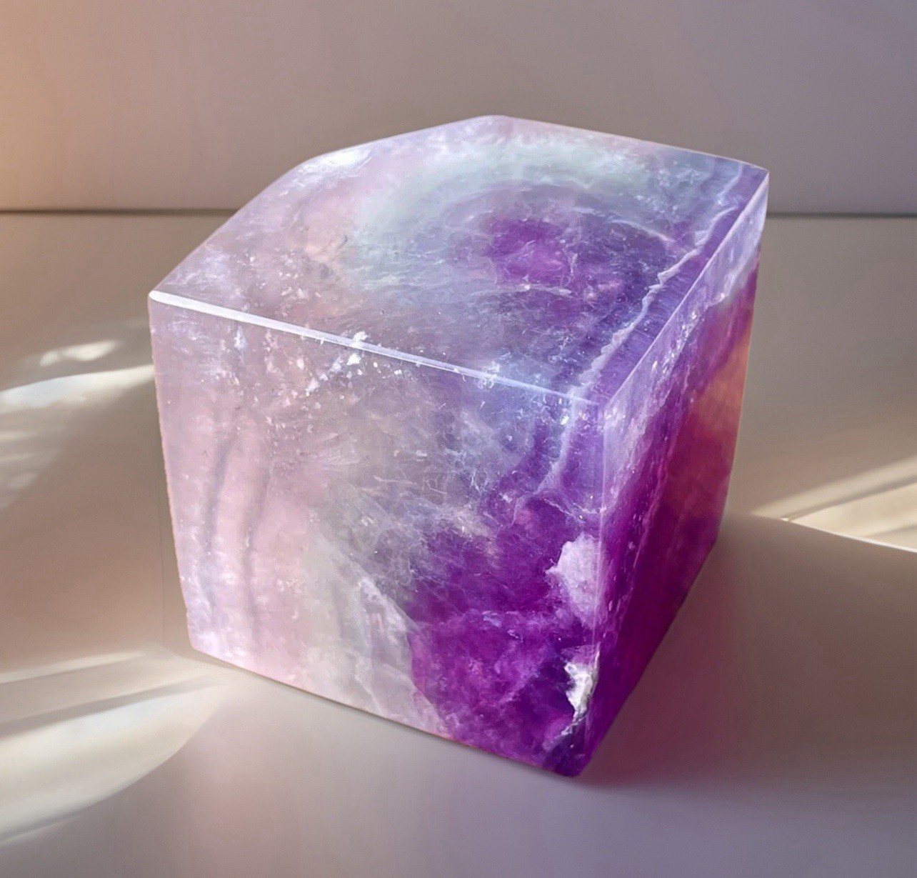 Natural Silk Fluorite XL Floating Cube - Rainbow Purple Mica Fluorite carving