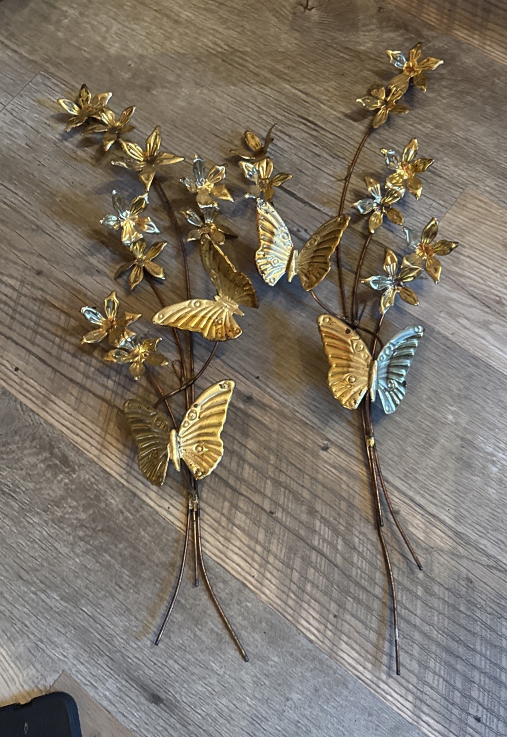 Vtg MCM Metal Butterflies Flowers Hanging Set of 2 Wall Decoration 25\