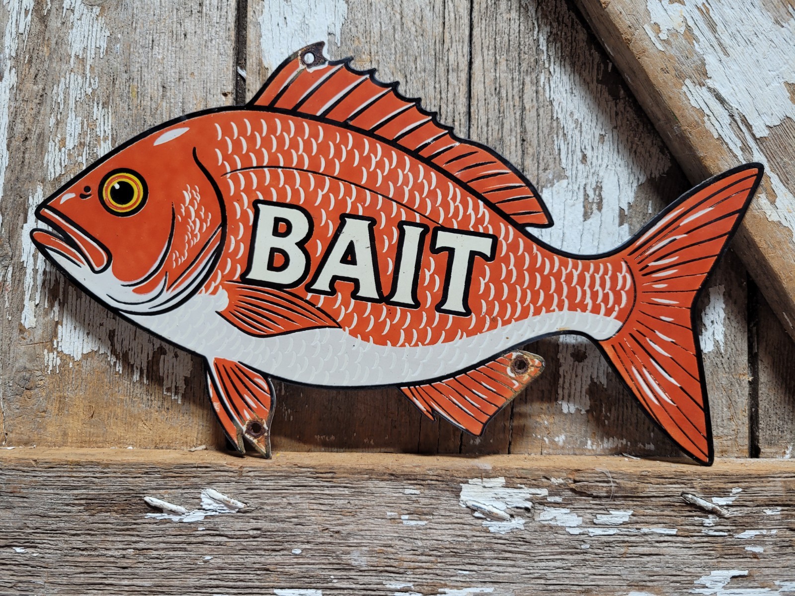 VINTAGE FISHING PORCELAIN SIGN OLD BAIT SHOP SNAPPER FISH TACKLE SPORTING SHOP