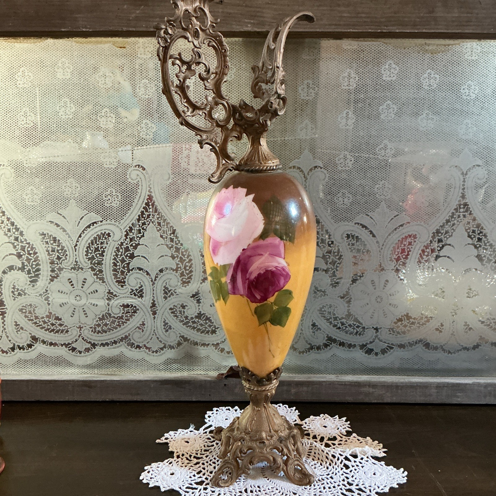 Antique Victorian Ewer Pitcher With Hand Painted Roses 22 Inches Tall