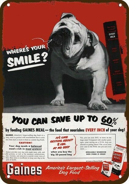 1951 ENGLISH BULLDOG & GAINES Dog Food Vintge-Look DECORATIVE REPLICA METAL SIGN
