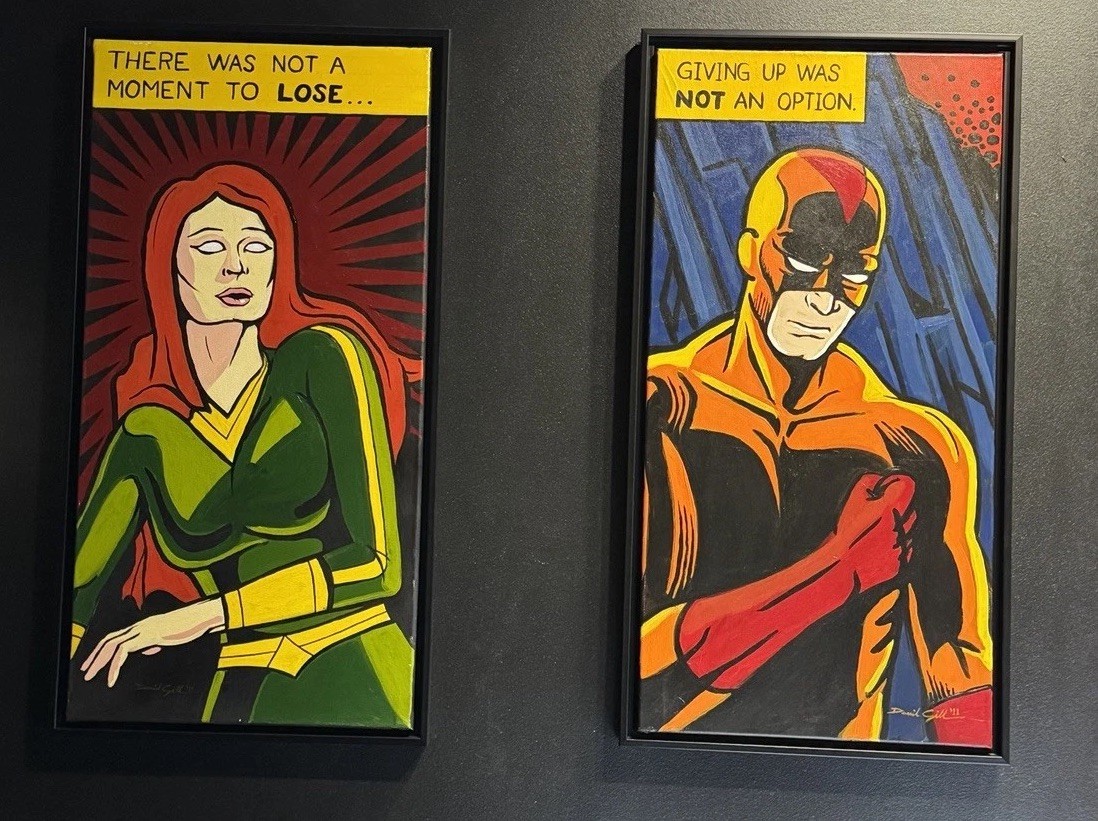Pop Art Comic Style Paintings (2) Signed, Framed Jean Gray & Daredevil Original