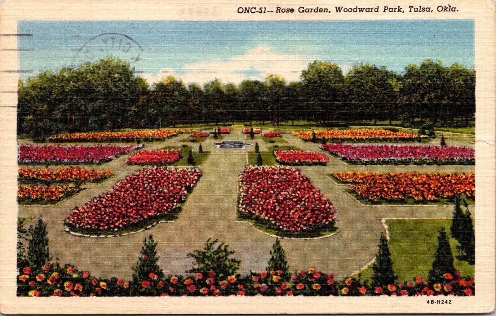 Woodward Park Tulsa Oklahoma Scenic Rose Garden Linen Cancel WOB Postcard