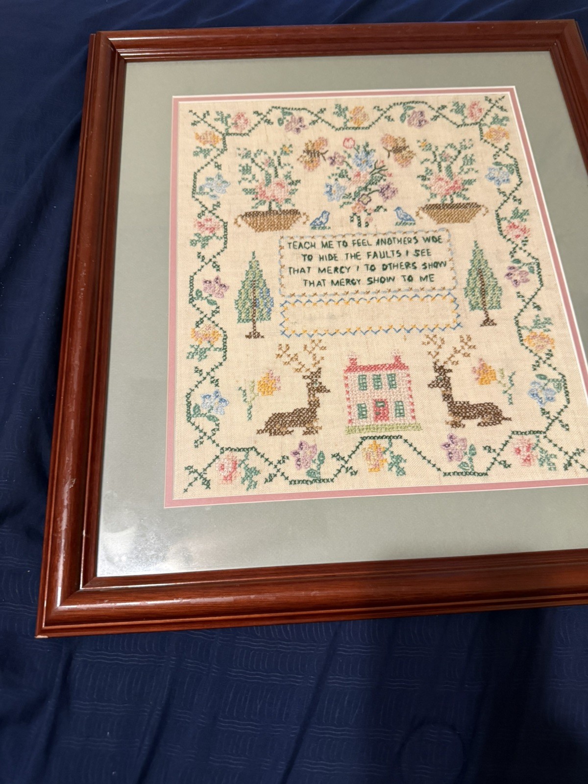 Vintage Sampler Cross Stitch Framed 1967 Handmade 19x17  Trees  Deer Etc