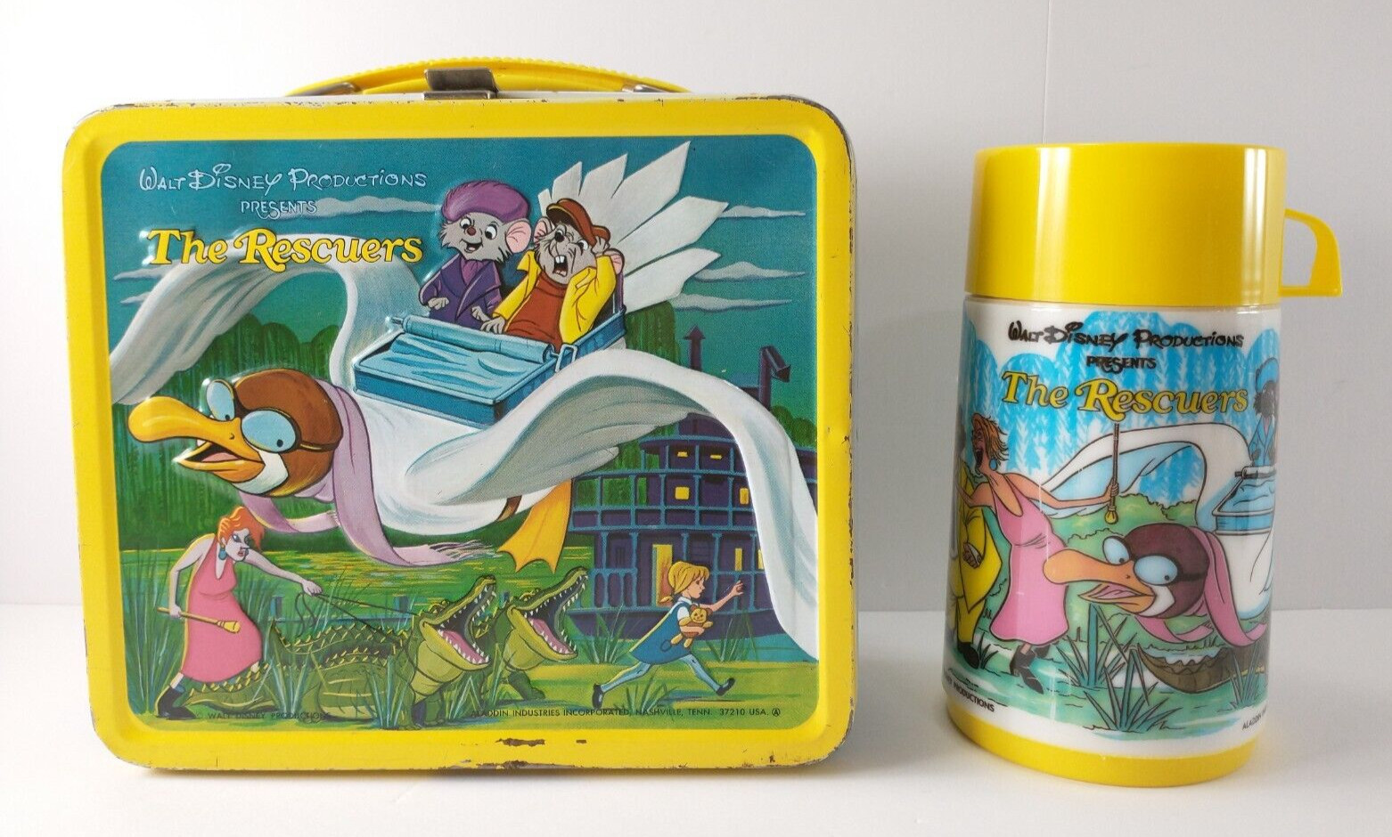 Vintage 1970\'s Disney THE RESCUERS Aladdin Metal Lunch Box With Thermos CLEAN