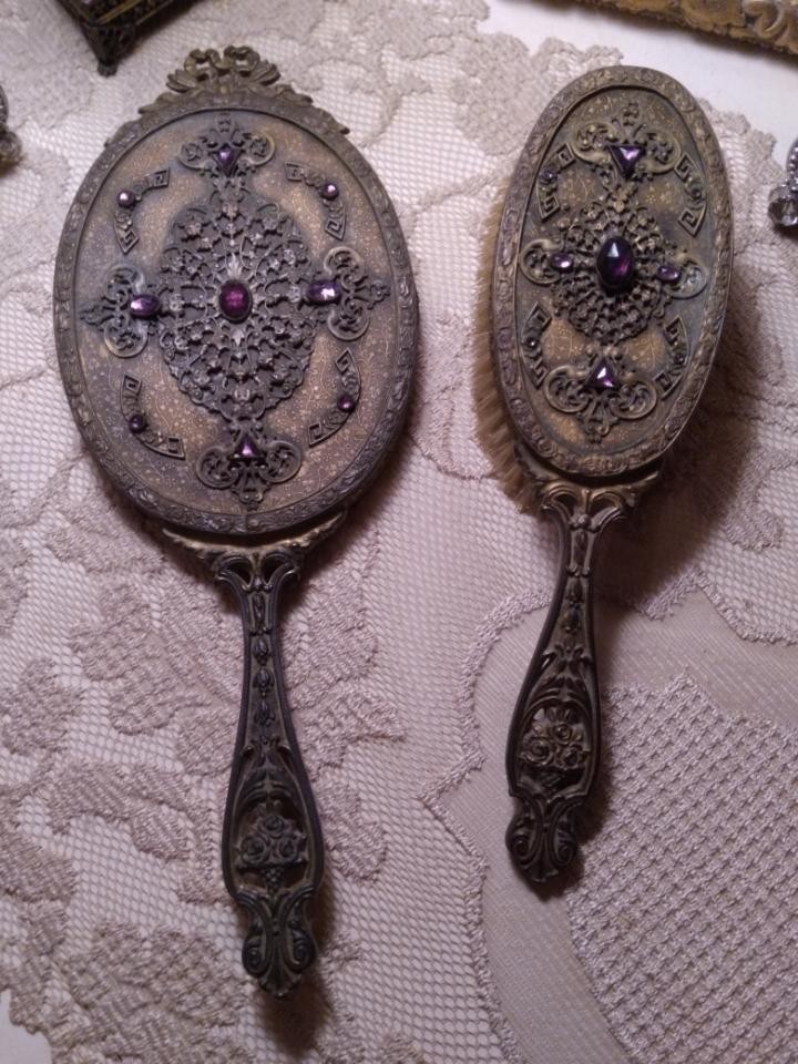 Antique E J & B  Empire Art Gold Bronze Jeweled Amethyst brush & beveled mirror