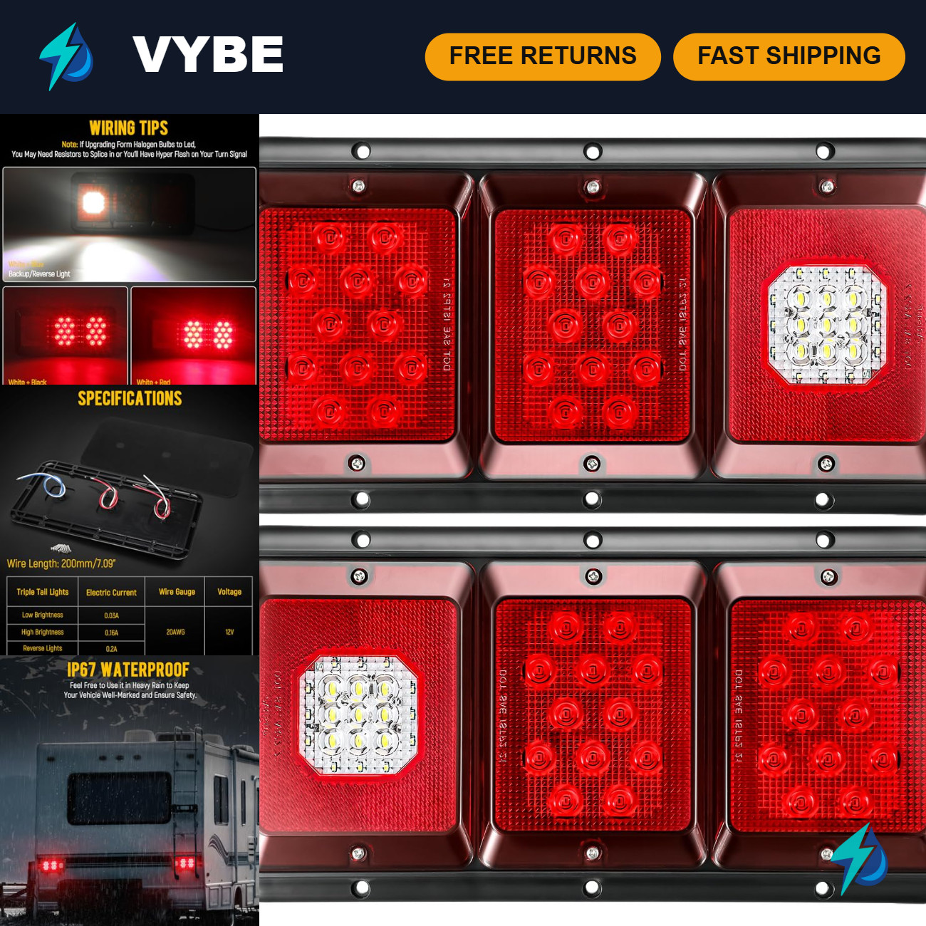 Partsam 2Pcs LED Triple Tail Lights 45 LEDs, Rectangle Vertical or Horizontal Mo
