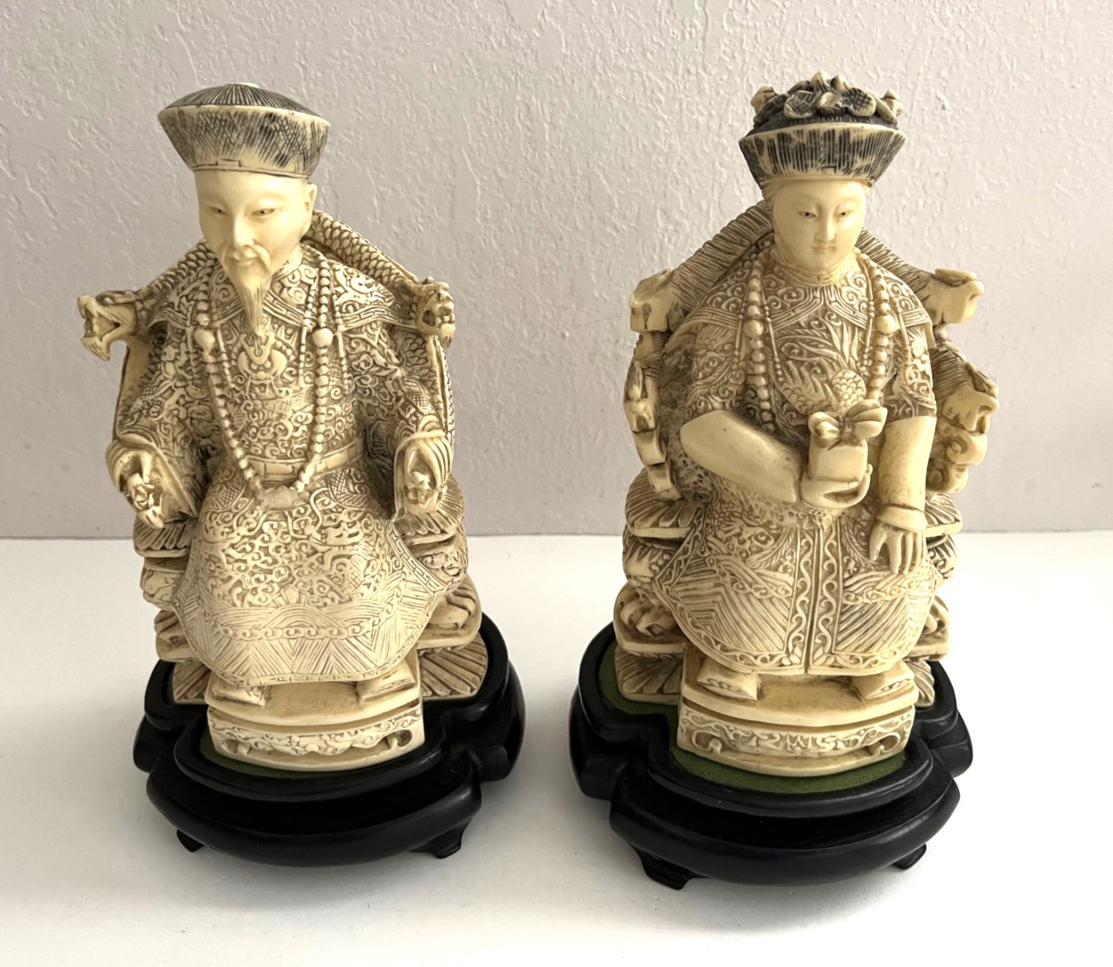 Vintage Chinese Emperor and Empress Statues with Wood Base