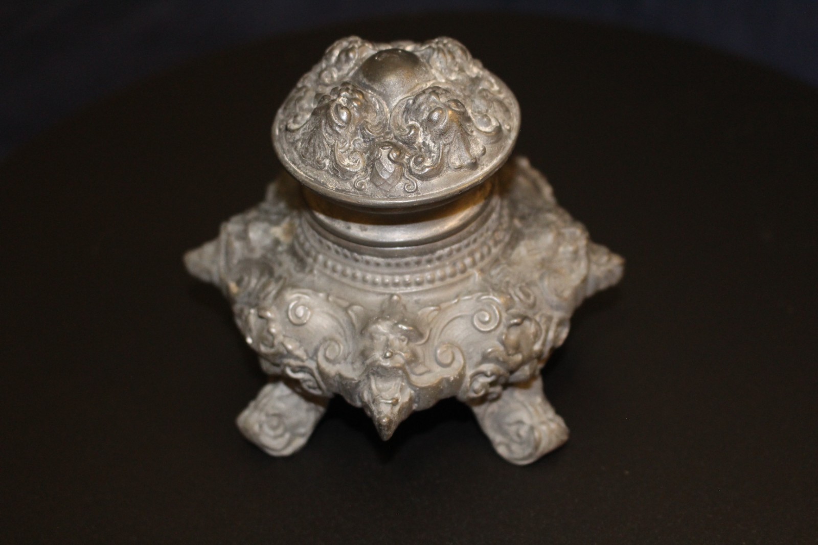 Antique Ornate Cast Metal Inkwell 19th Century, No Porcelain insert