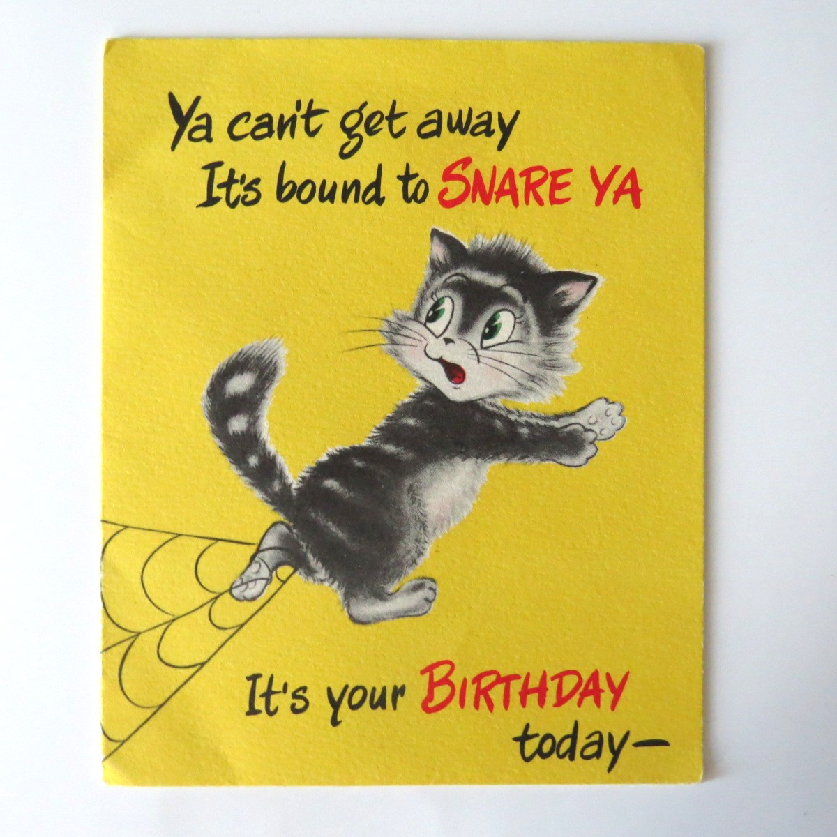 Vtg 50s Halloween / Birthday Card — Cat Spider Web / Norcross UNUSED Pop-up
