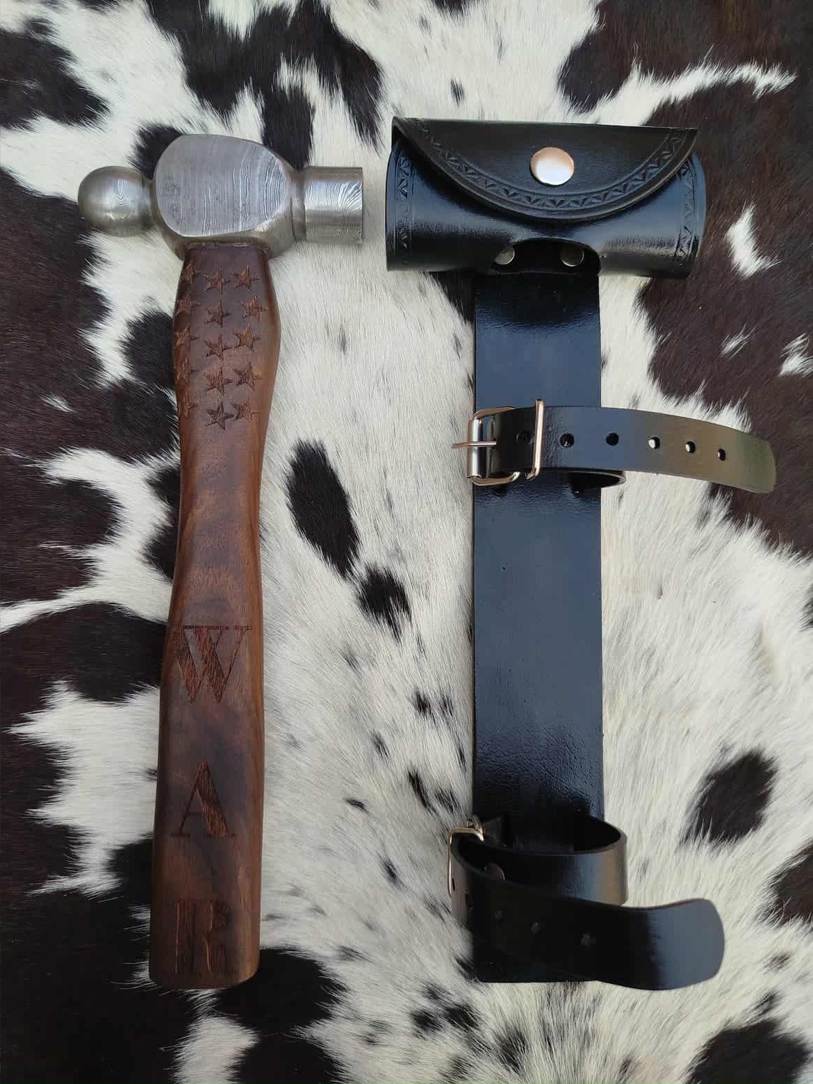 “HANDMADE DAMASCUS BALL PEEN HAMMER WITH LEATHER MOTORCYCLE CARRIER .BIKERS GIFT